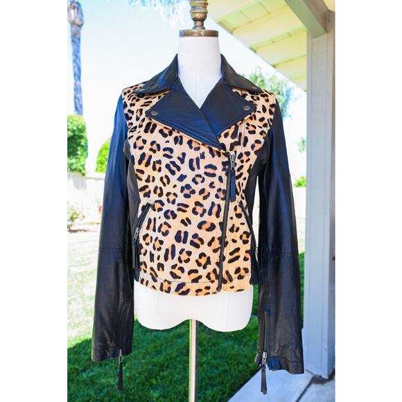 ASOS Black Moto Leather Biker Jacket with Leopard Print Pony Panel Size 8 - Picture 1 of 10